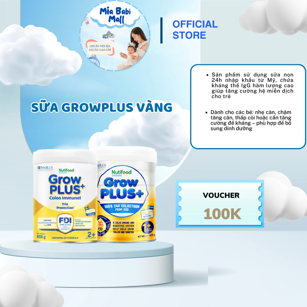 Sữa công thức Nutifood Sweden Growplus+ Vàng nhạt Immunel/Lacto 0+/1+ lon 800g Miastore2309