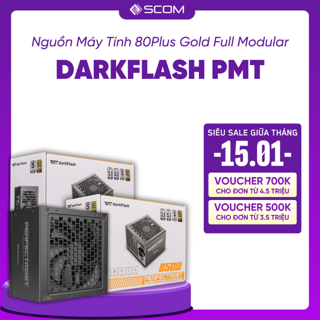 Nguồn Máy Tính Gold 80plus Darkflash PMT750 PMT850 PMT1050 ATX 3.1 Full Modun 150mm Công Suất Thực