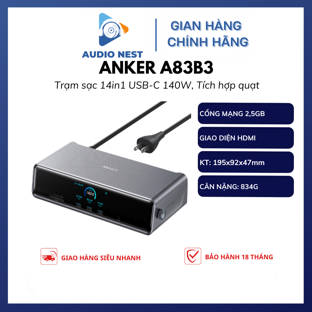 Trạm Sạc Anker Prime A83B3 (14 trong 1,tích hợp quạt tản nhiệt) DL7400 - Bảo Hành 18 Tháng.