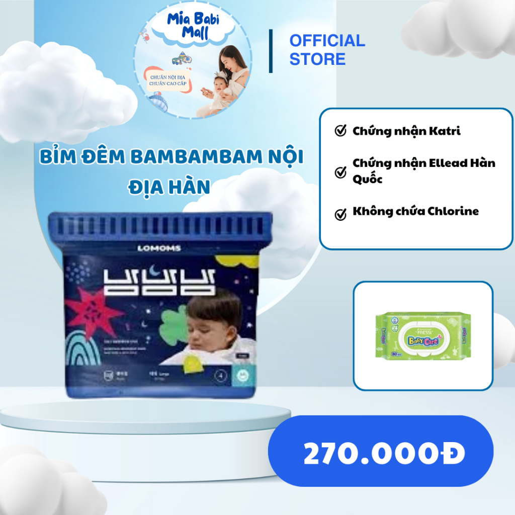 Tã/Bỉm đêm Lomoms BamBamBam nội địa Hàn Quốc siêu khô cho bé ngủ êm ái Miastore2309