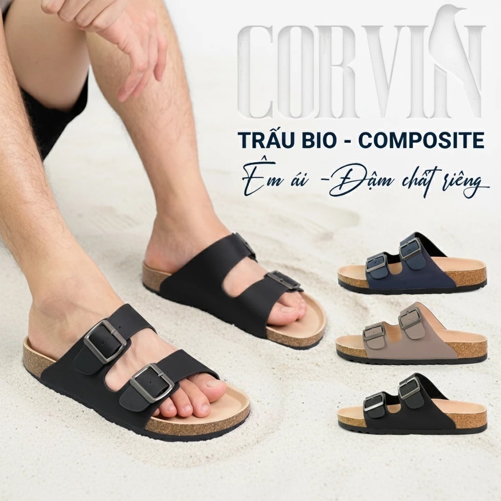 Dép da nam CORVIN NOBLE quai ngang đôi 2 khóa – Da Microfiber cao cấp, đế công thái học êm chân, chố