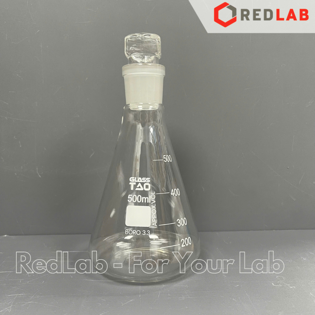 Bình tam giác có nút GlassTAO 100 250 500 1000ml cổ nhám 24/29 29/32, erlen nắp mài, đựng mẫu thí ng