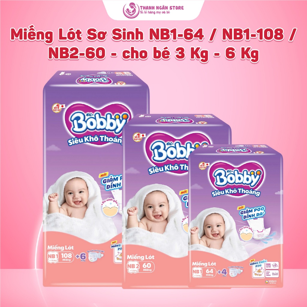 Miếng Lót Sơ Sinh Bobby NB1-108+6/NB1-64/NB2-60- Tã Dán Sơ Sinh NB70+4/S80+2 Cho Bé 3 Đến 7 Kg- Than