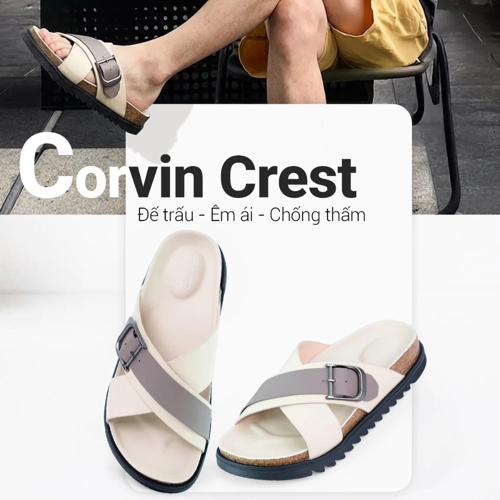 Dép Đế Trấu CORVIN CREST Quai Chéo Da Microfiber Khóa Kim Loại – Đế Công Thái Học Êm Chân Chống Trơn