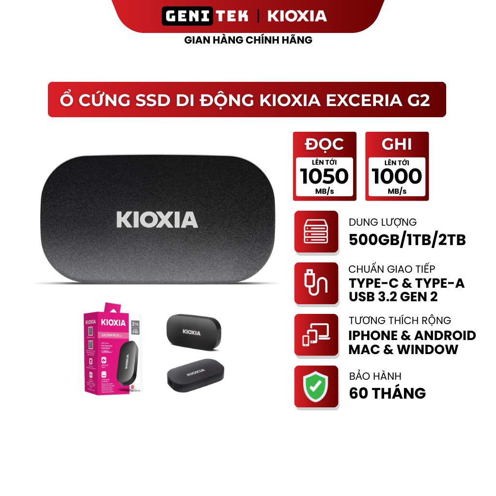 SSD Di Động KIOXIA Exceria Plus G2 500GB/1TB/2TB Nhỏ gọn - Đọc/Ghi 1050/1000MB/s - Chính hãng