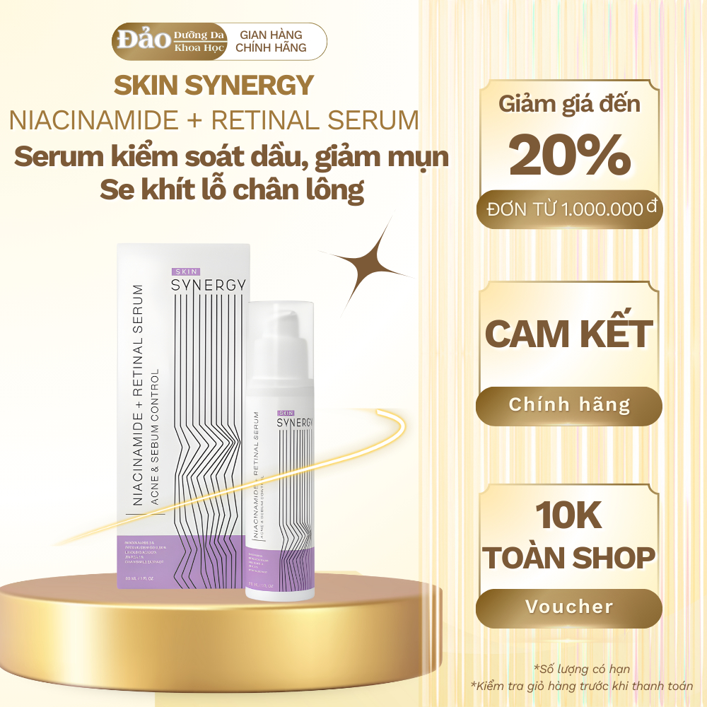 Serum Skin Synergy Niacinamide + Retinal giúp kiểm soát dầu, hỗ trợ giảm mụn và se lỗ chân lông 30ml