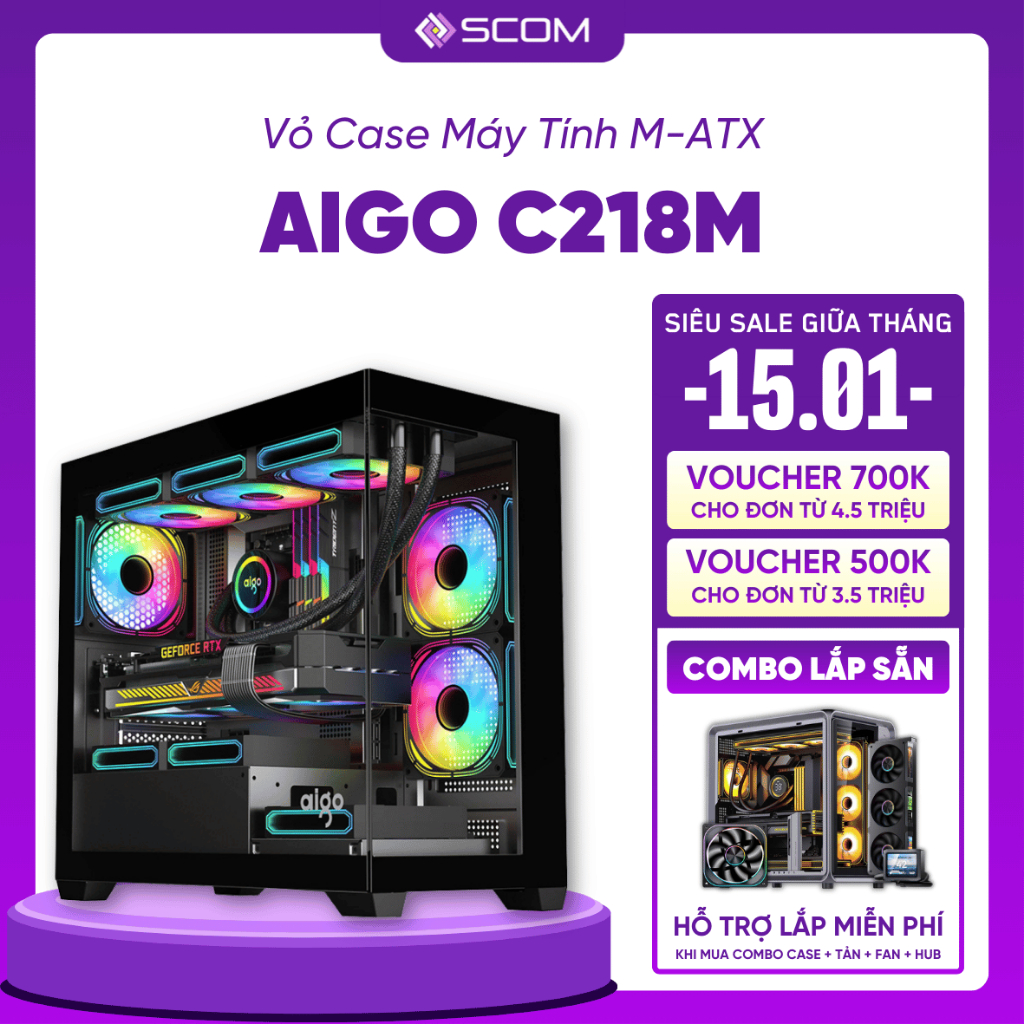 Vỏ Case PC Aigo C218M Case Máy Tính M-ATX Mid Tower Hai Mặt Kính Bể Cá Nhỏ Gọn Giá Rẻ