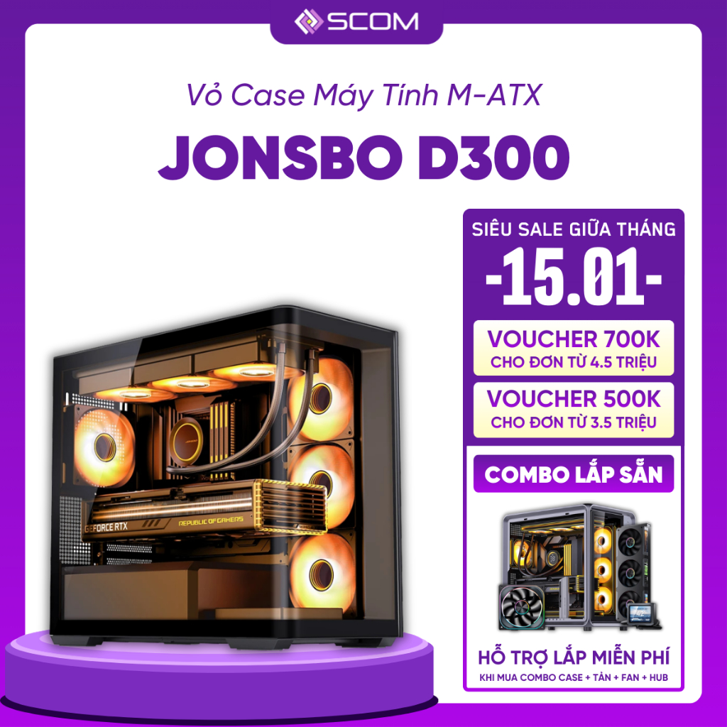 Vỏ Case PC Jonsbo D300 Case Máy Tính M-ATX Mid Tower Mặt Kính Cong Bể Cá Nhỏ Gọn