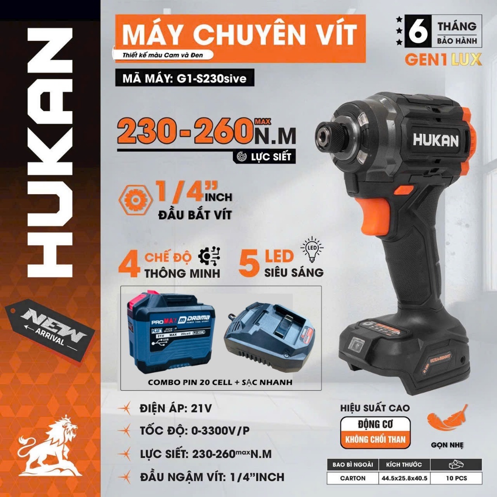 Máy chuyên vít pin HUKAN G1-S230sive, Lực siết 230-260Nm, 4 Chế độ thông minh, 5 đèn LED, Chính hãng