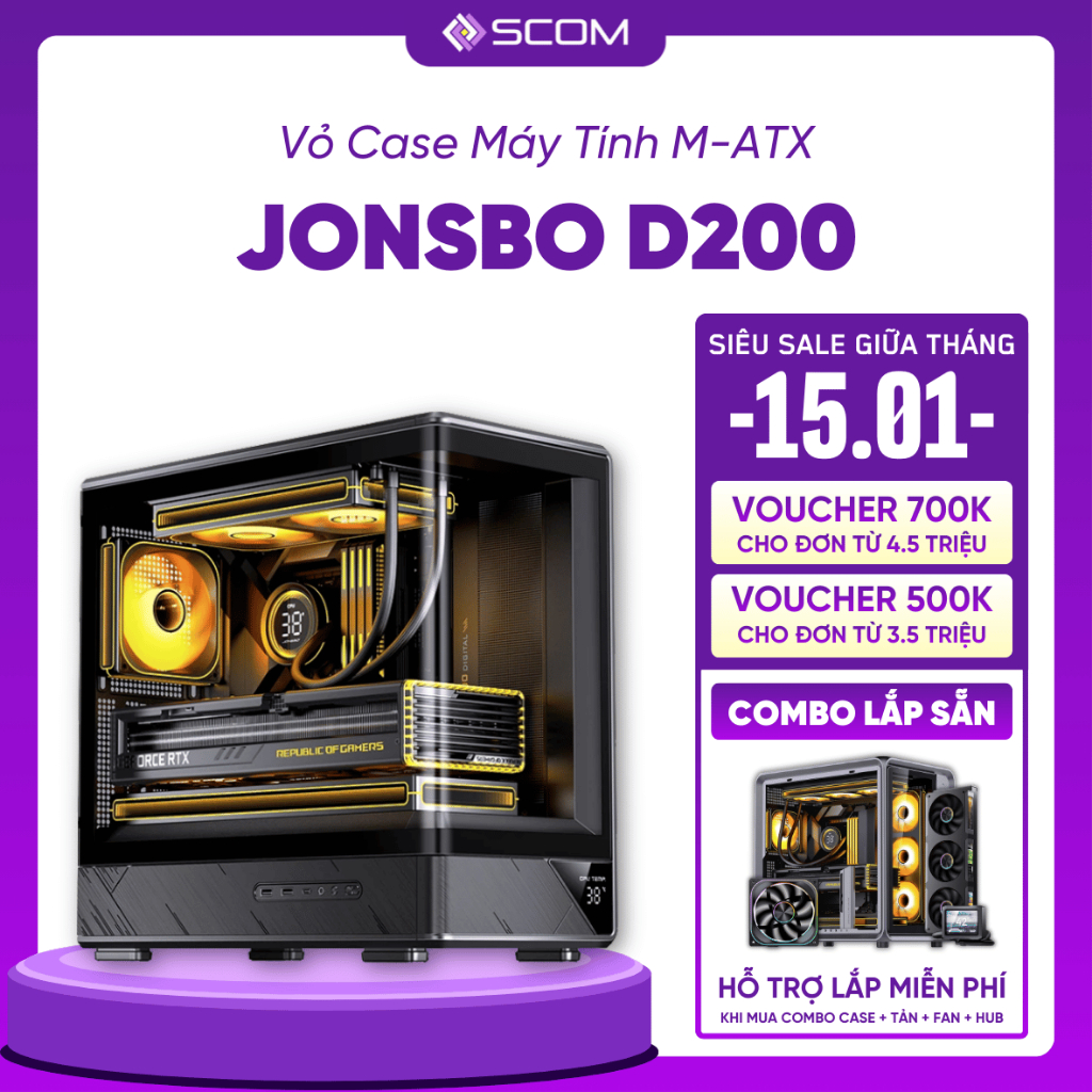 Vỏ Case PC Jonsbo D200 Case Máy Tính M-ATX Mini Tower Mặt Kính Cong Bể Cá Màn Hình Hiển Thị Nhiệt Độ