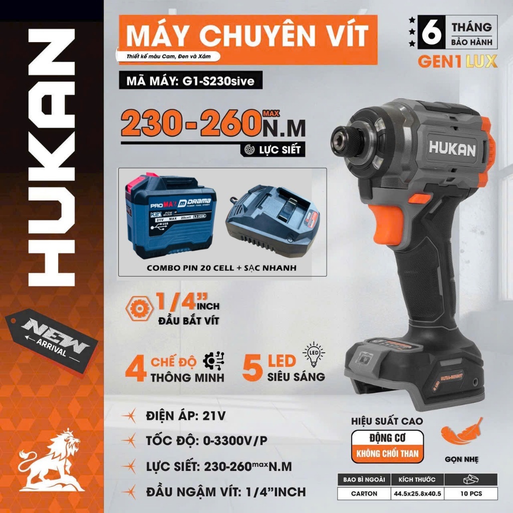 Máy chuyên vít pin HUKAN G1-S230sive, Lực siết 230-260Nm, 4 Chế độ thông minh, 5 đèn LED, Chính hãng