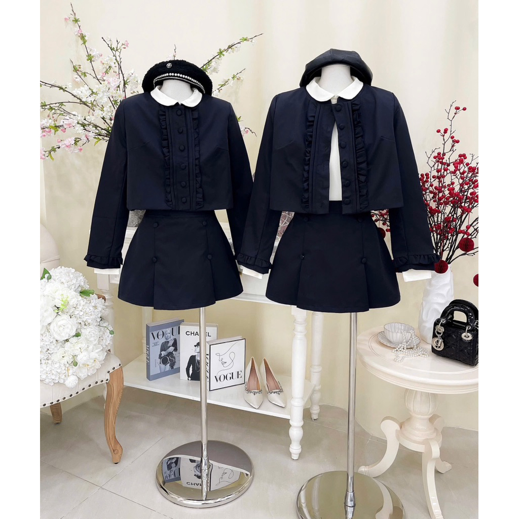 NEVA CLOTHING - Set 3 món COSY Áo tay dài cổ bèo chân váy A kèm khoác viền ren thanh lịch