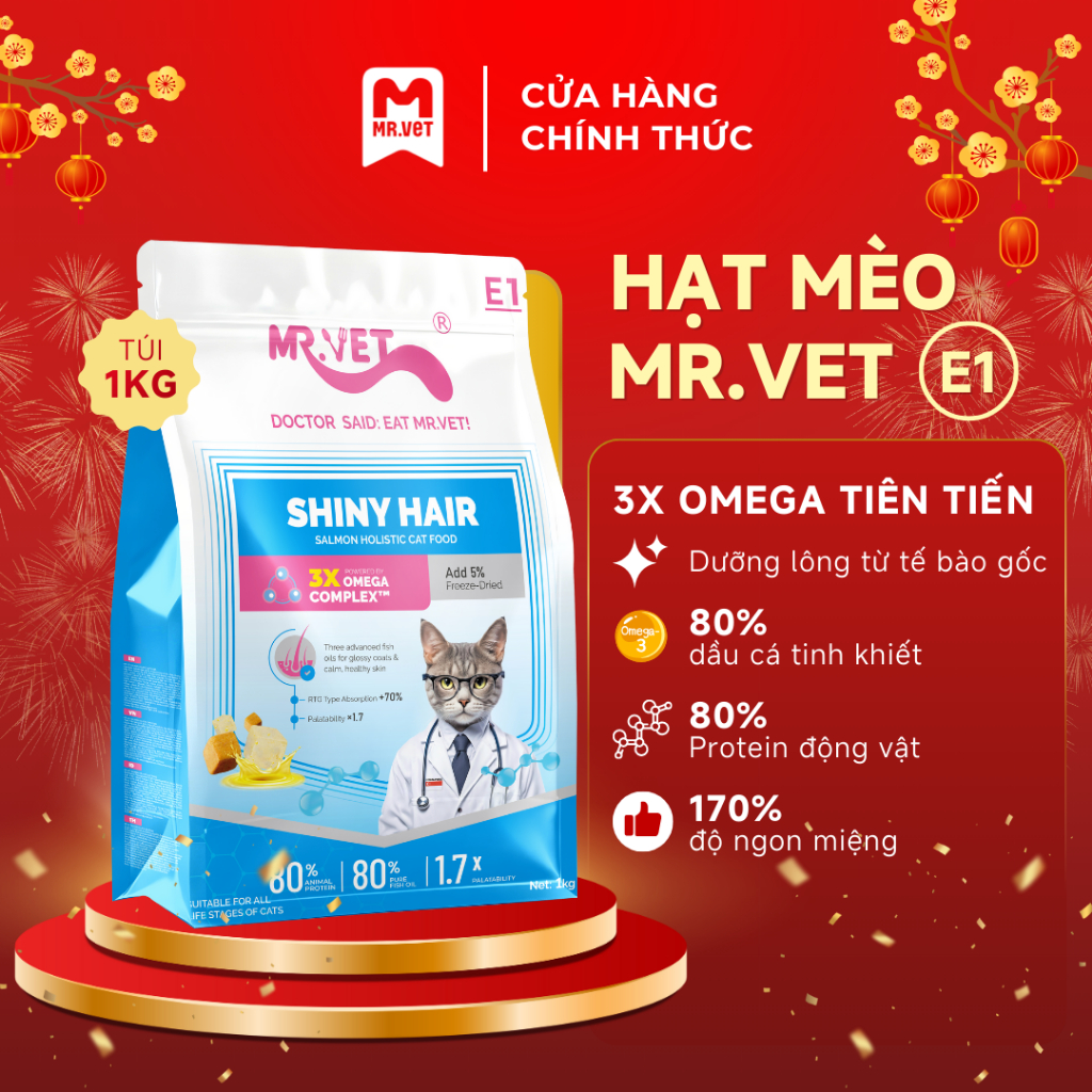 [MỚI] Hạt Cho Mèo MRVET E1 Gói 1KG Dưỡng Lông Chuyên Sâu Từ Dầu Cá Tinh Khiết, 80% Đạm Động Vật