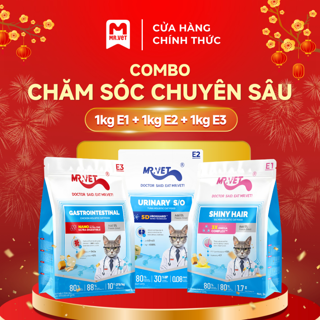 Hạt Cho Mèo MRVET Combo Mix E1, E2, E3 Chăm Sóc Chuyên Sâu, Mèo Ăn Ngon, Tiết Niệu Khỏe, Lông Bóng Mượt