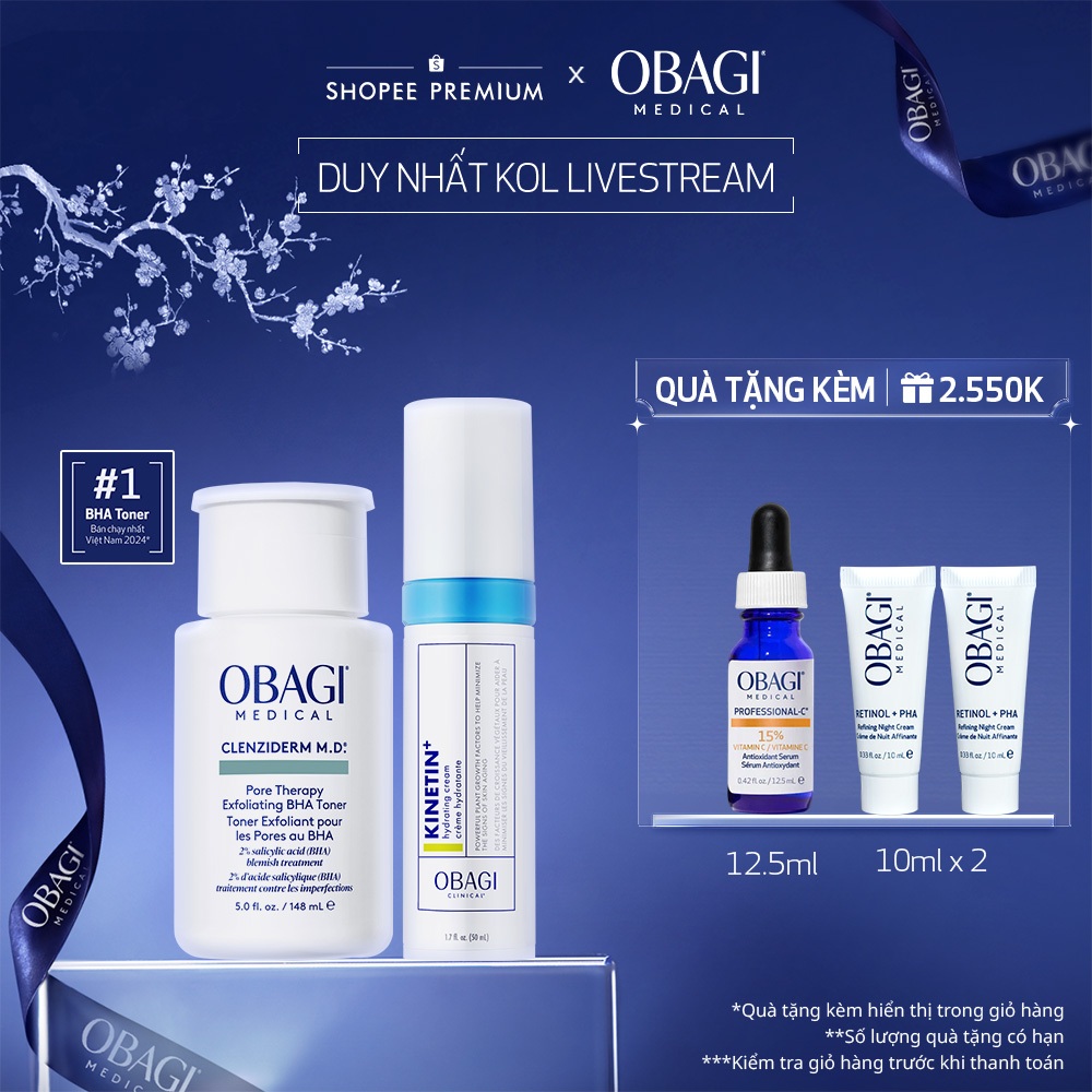 [Obagi-KOL] Bộ đôi Toner BHA Obagi Medical Clenziderm M.D 148ml&Kem Dưỡng Phục Hồi Dịu Da Clinical K