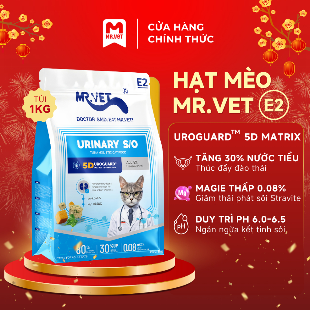 [MỚI] Hạt Cho Mèo MRVET E2 Gói 1KG Chăm Sóc Tiết Niệu Đa Chiều, 80% Đạm Động Vật Cao Cấp