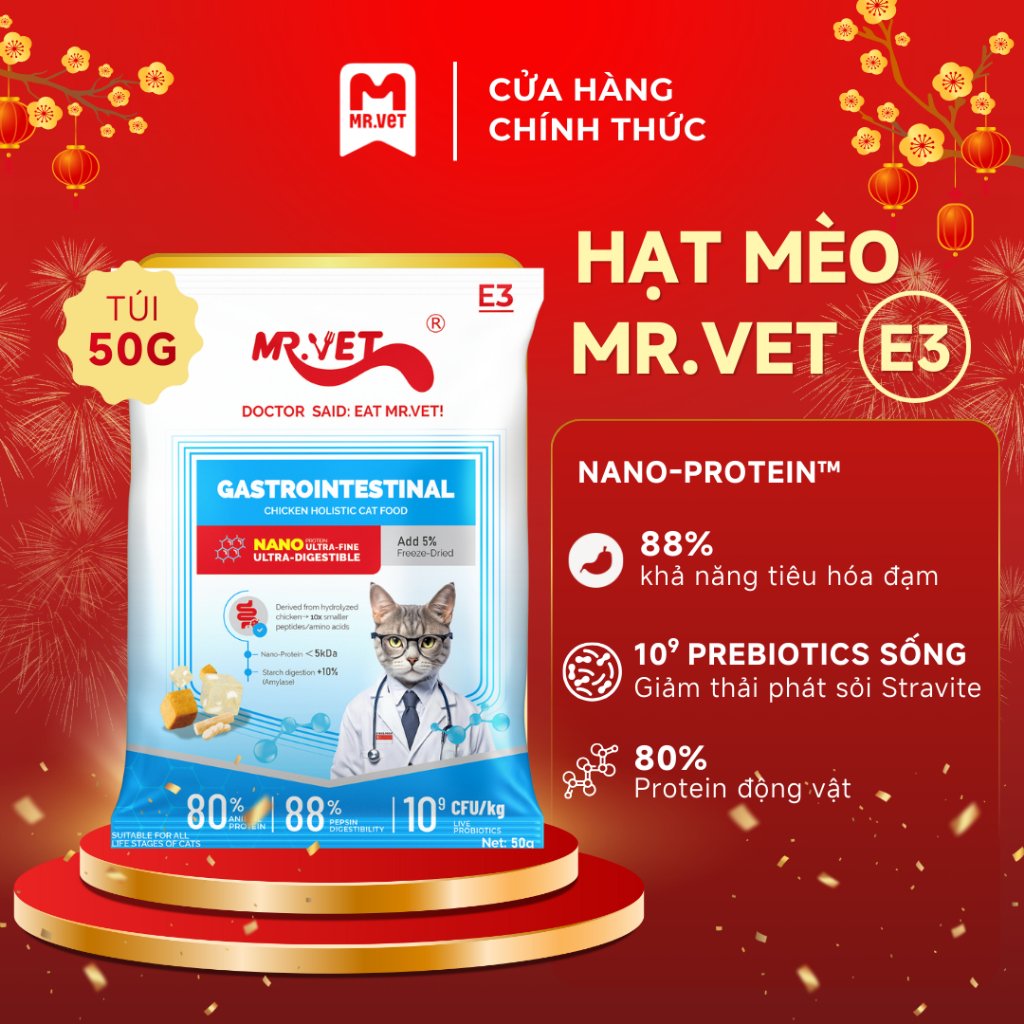 [MỚI] Hạt Cho Mèo MRVET E3 Gói 50G Công Thức Protein Siêu Mịn, Chăm Sóc Hệ Tiêu Hóa Nhạy Cảm