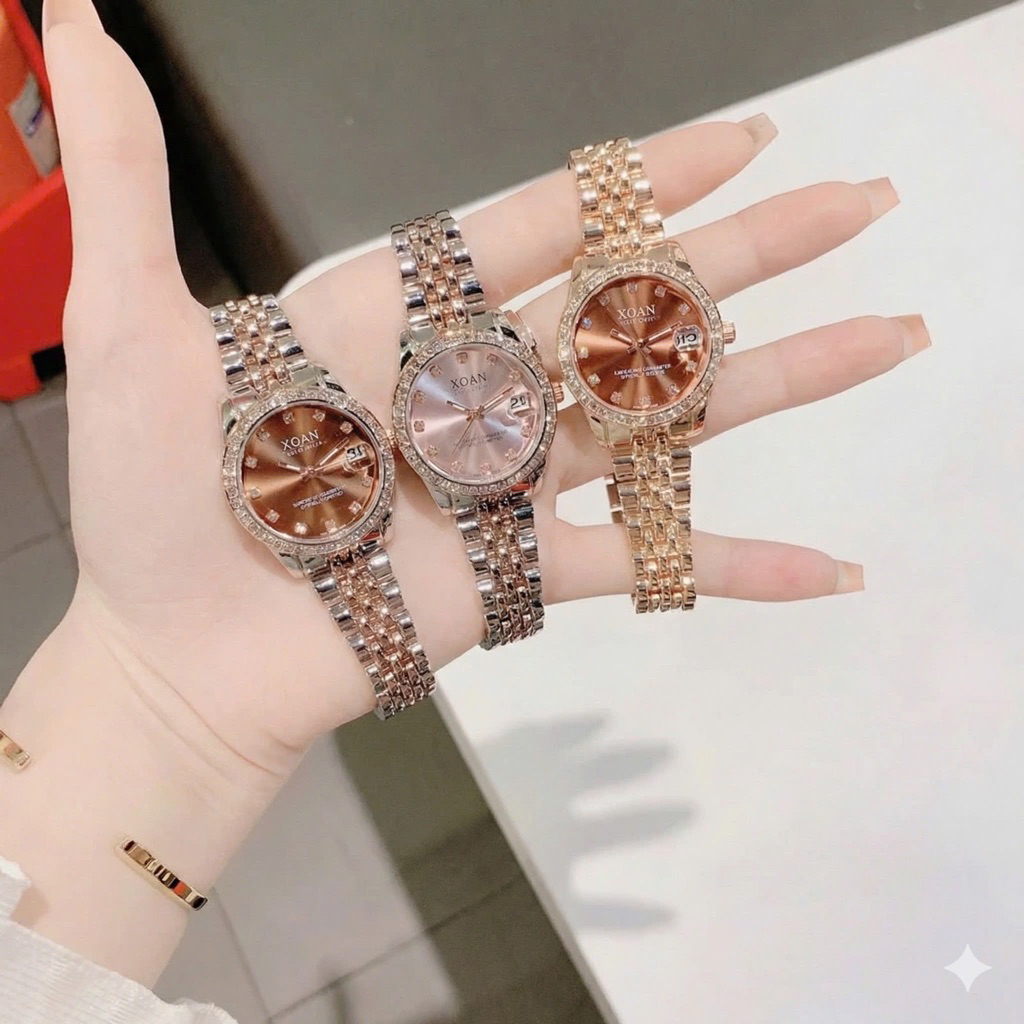 Đồng Hồ Nữ Mặt Tròn Đính Đá Dây Thép Không Rỉ Sang Trọng Có Lịch Ngày Size 30mm Đeo Tay Women A8