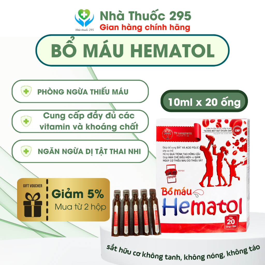 Bổ máu hematol TW Hanopharco, bổ sung sắt axit folic cho bà bầu người thiếu sắt hộp 20 ống mới