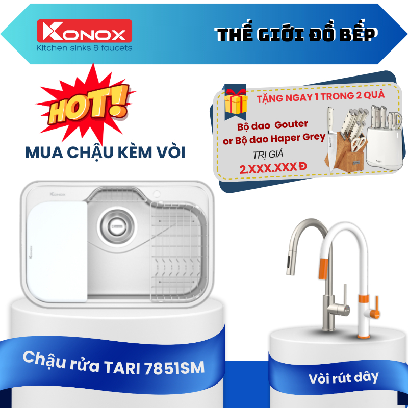 Chậu Rửa Bát Konox Tari 7851SM - Bề mặt Trơn Mịn, Thiết Kế Dáng Tròn Mềm Mại - TGB