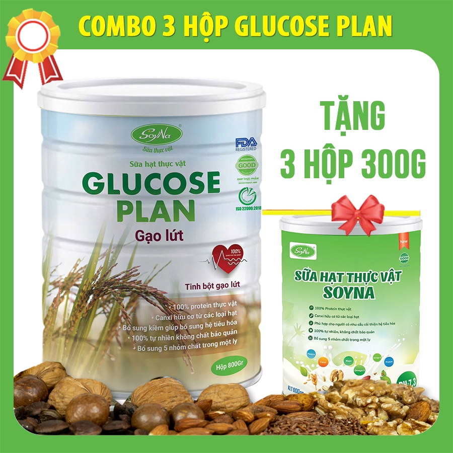 COMBO 3 HỘP Sữa Glucose Plan Soyna 800g, tặng kèm 3 hộp Sữa Hạt 300g