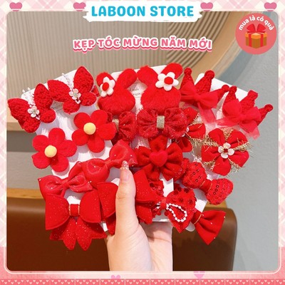Bộ kẹp tóc nơ đỏ lông nhung LABOON, set 8 kẹp mái mix charm siêu xinh mừng năm mới dịp Tết lễ hội