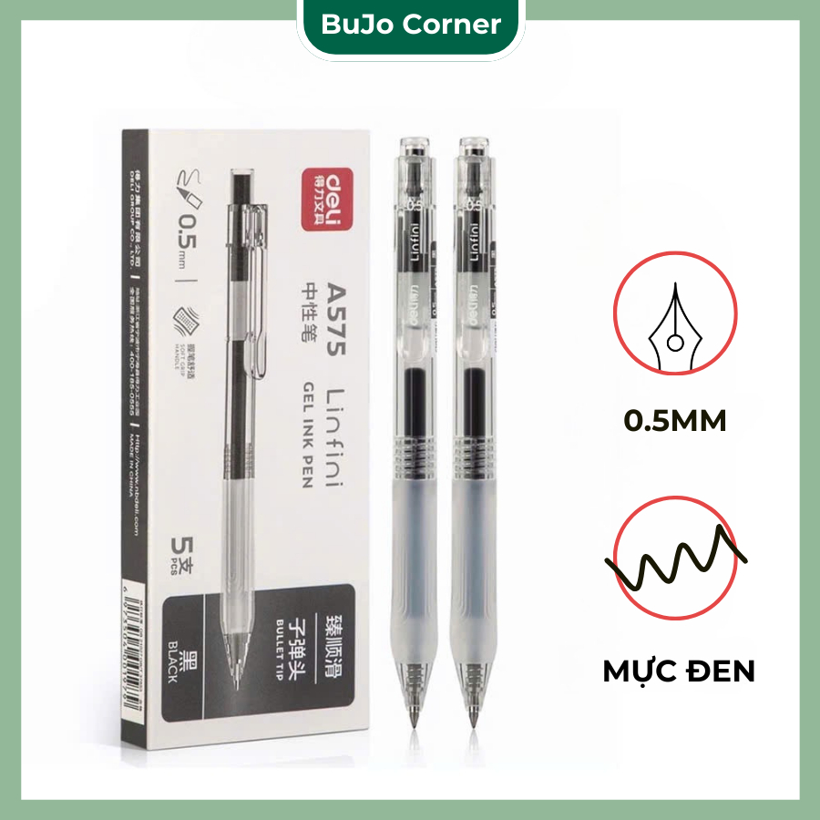 Bút Bi Gel Bấm Deli A575 Mực Đen Ngòi 0.5mm