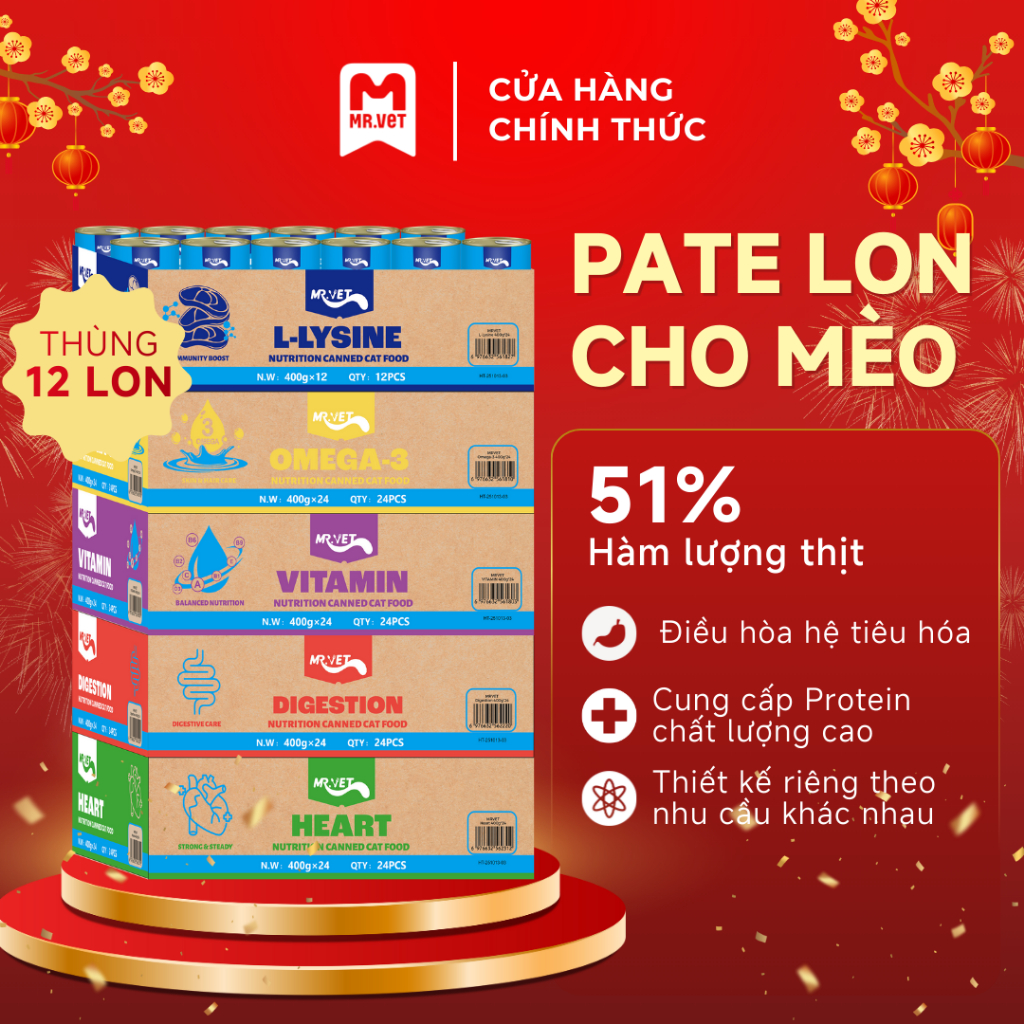 [MỚI] Thức Ăn Cho Mèo MRVET Dạng Pate Combo 6, 12, 24 Lon 400G Tiêu Hóa, Sáng Mắt, Mượt Lông