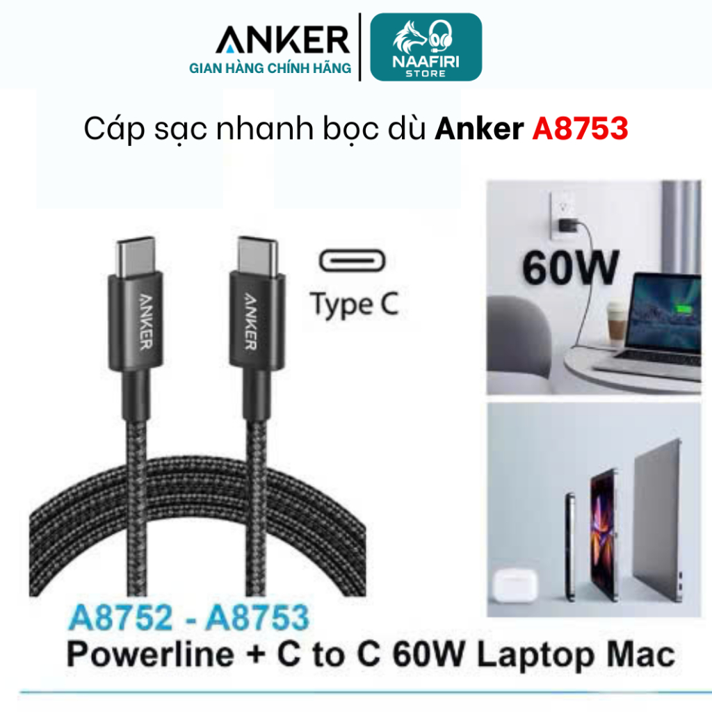 Cáp sạc nhanh bọc dù Anker A8753 - Sạc nhanh - Hàng new không hộp