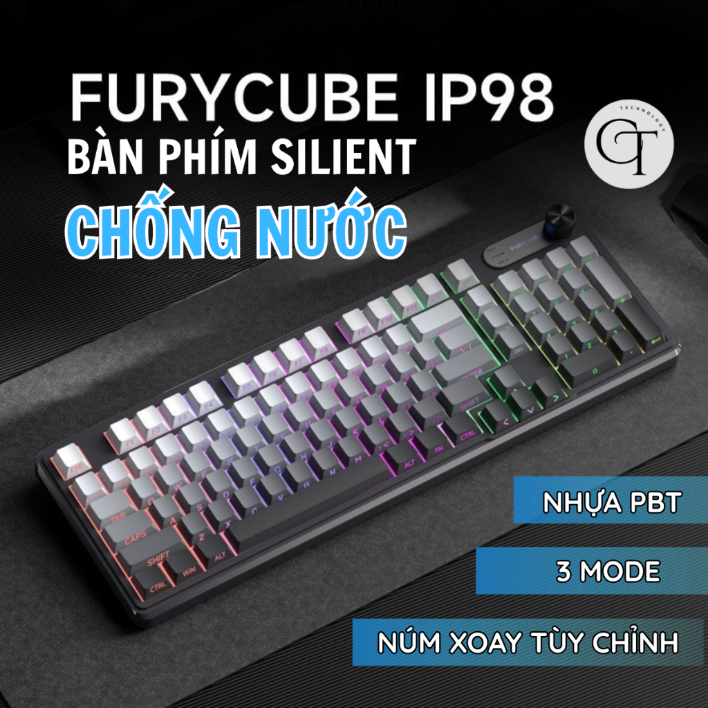 Bàn Phím Bluetooth CTTech IP98, Bàn Phím Không Dây LED RGB, Có Núm Xoáy, Phím Khắc PBT Chống Ồn, Khá