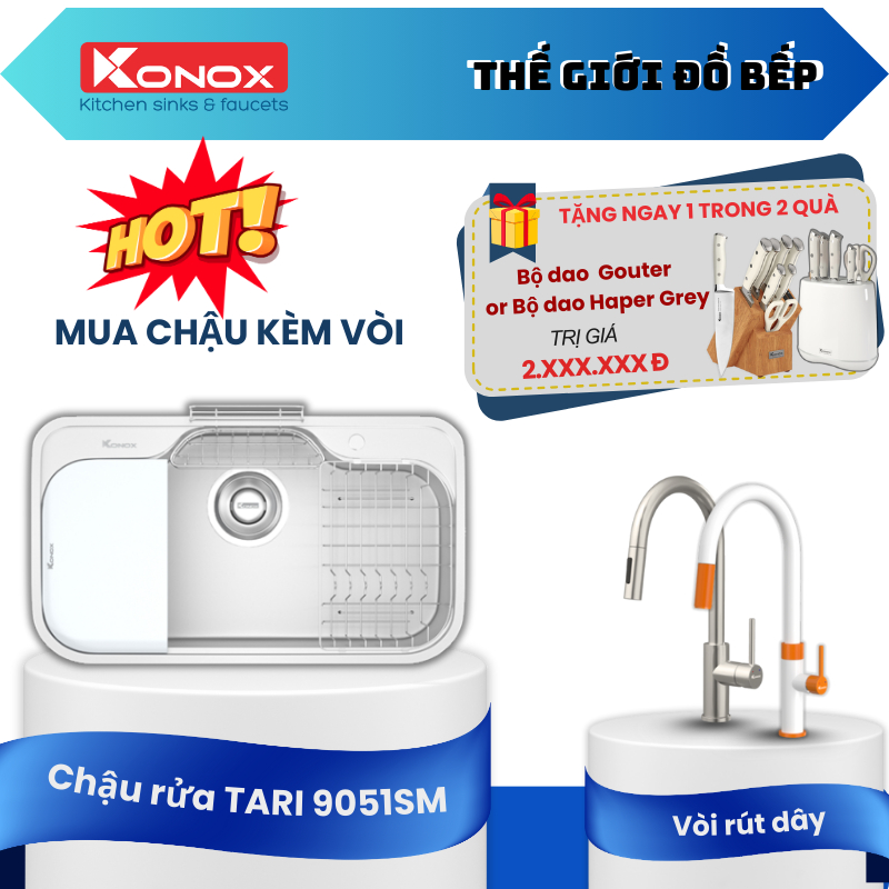 Chậu Rửa Bát Konox Tari 9051SM – Phong Cách Nhật, Bề Mặt Mịn, Phủ Mạ Crom, Chống Bám Bẩn – TGB