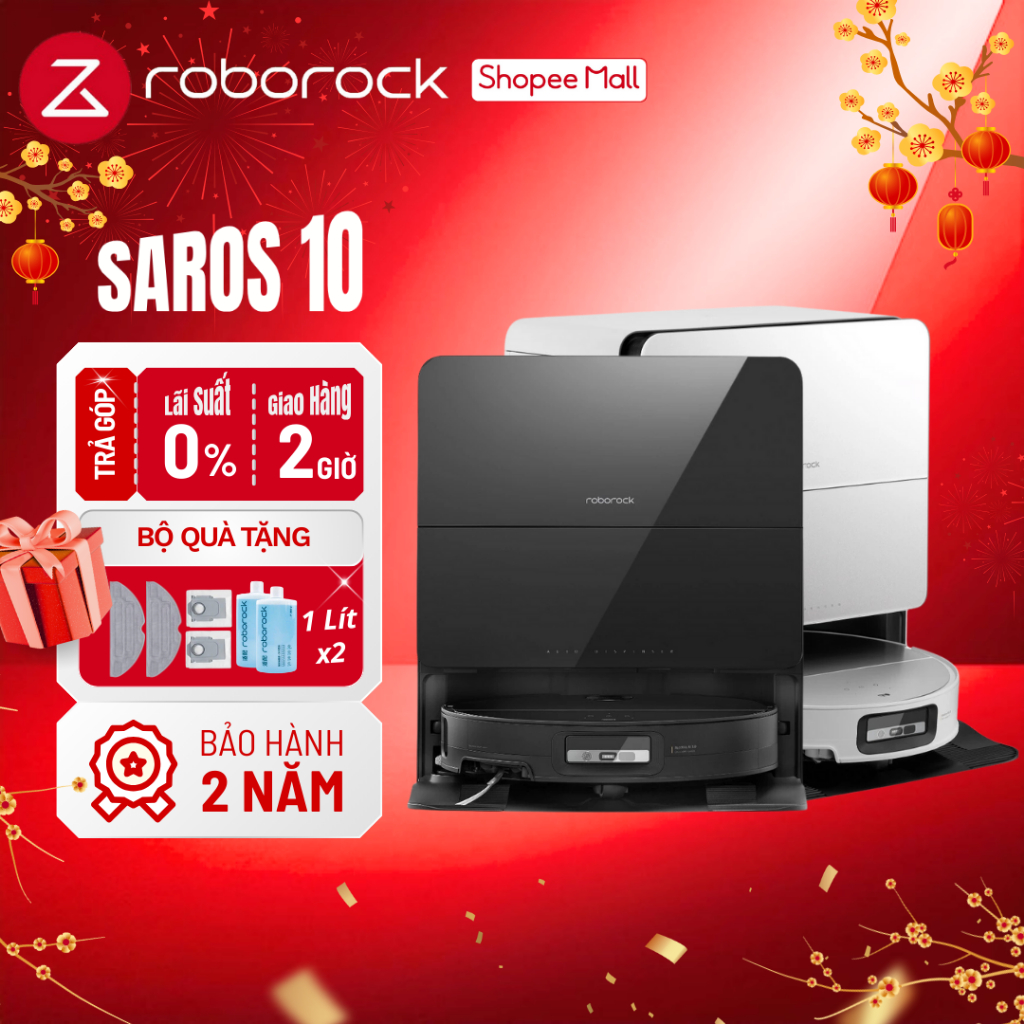 Roborock Saros 10 - Robot hút bụi lau nhà, Lực hút 22.000Pa, Kích thước 350x353x79.8mm, Dung lượng hộp chứa bụi 270ml, Màu Đen/Trắng