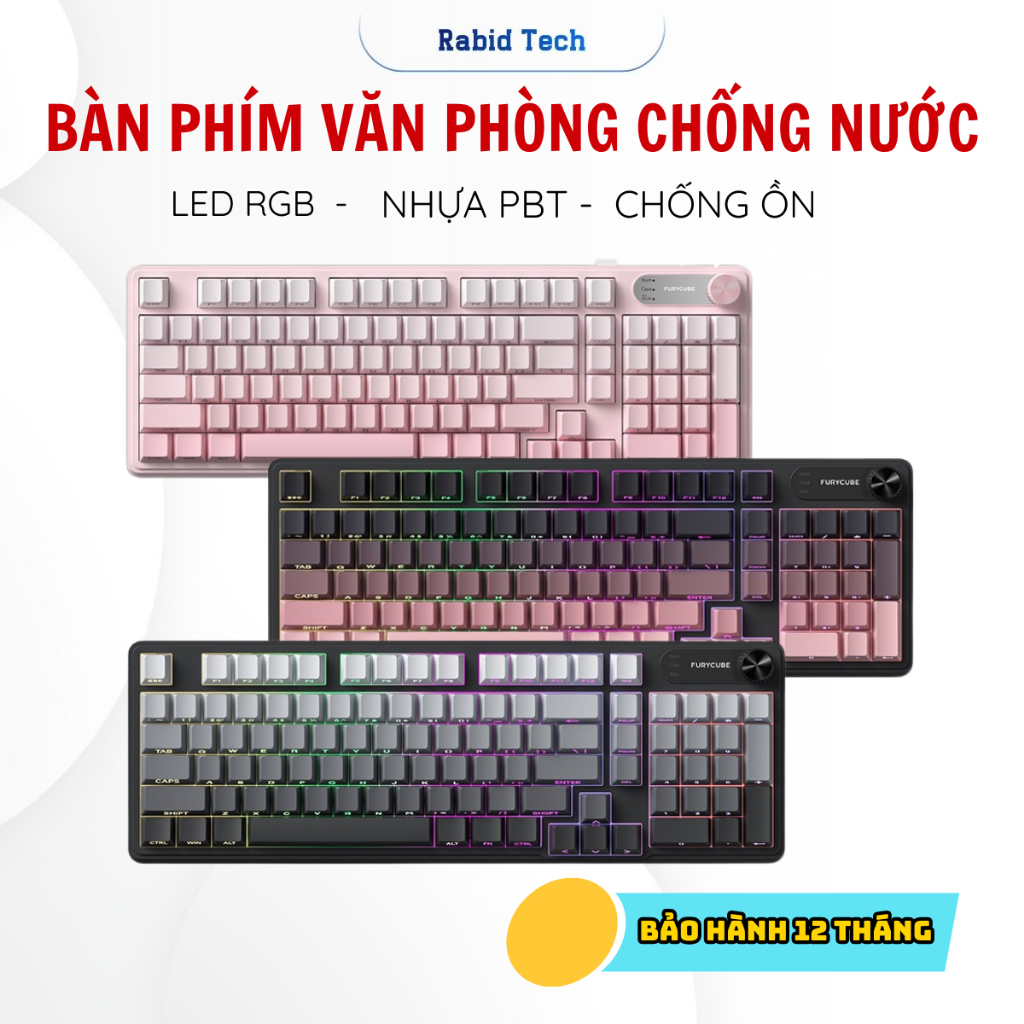 Bàn Phím Không Dây Rabid IP98, Bàn Phím 3 Mode LED RGB, Có núm xoay, Chống nước, Phím PBT, Chống Ồn-
