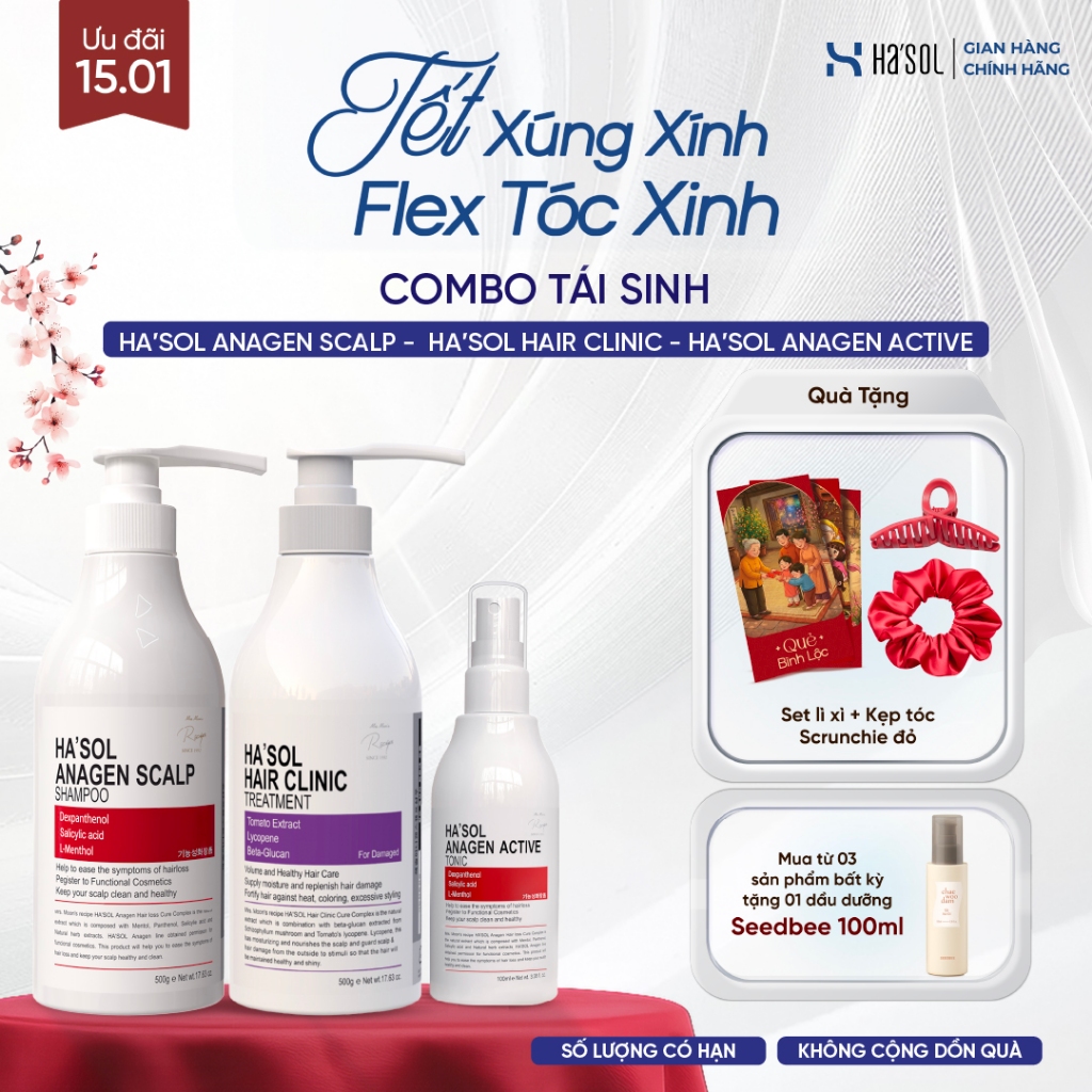 Bộ 3 "TÁI SINH" HASOL Ngăn Rụng Tóc, Phục Hồi Tóc Hư Tổn, Kích Mọc Tóc (Dầu Gội Đỏ + Kem Ủ Tóc + Xịt