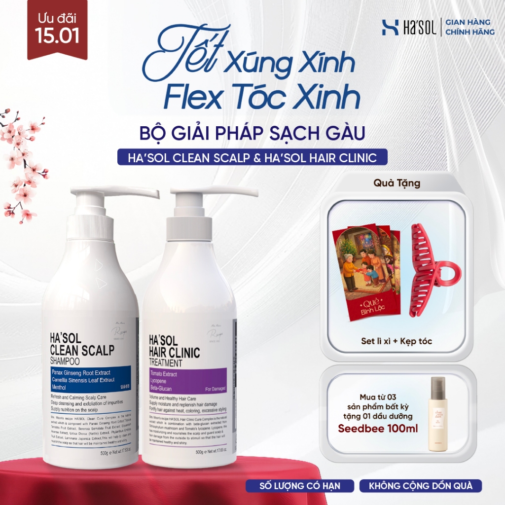 Combo Sạch Gàu Dầu Gội Xanh Hasol Clean Scalp, Kem Ủ Hair Clinic Treatment 500g - Hạn Chế Nấm Ngứa