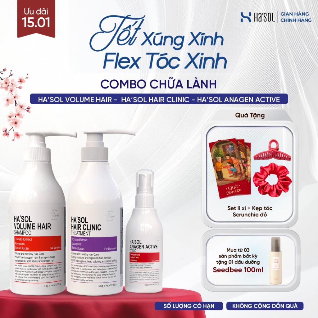 Bộ 3 "CHỮA LÀNH" HASOL- Phục Hồi Tóc Khô Xơ Hư Tổn, Kích Mọc Dưỡng Tóc Chắc Khoẻ (Dầu Gội Cam + Kem 