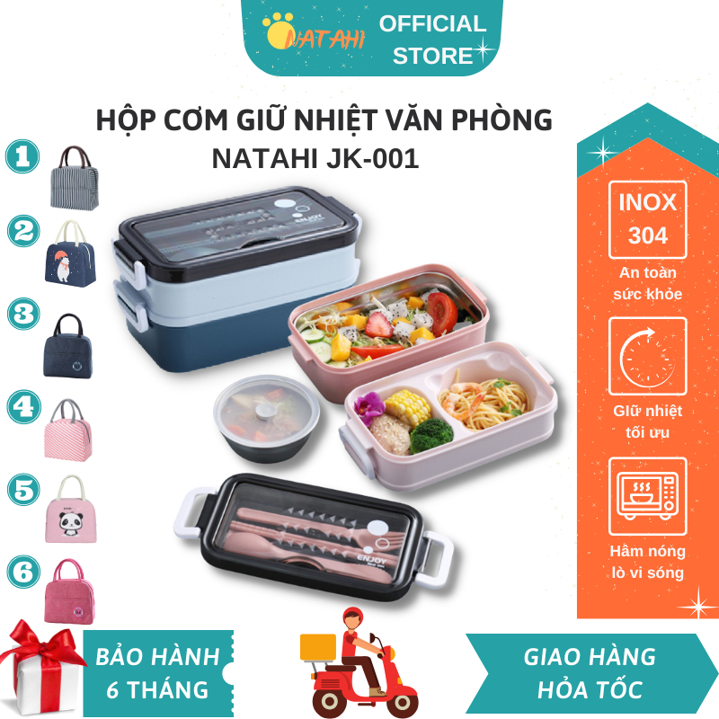 Hộp đựng cơm giữ nhiệt văn phòng lúa mạch NATAHI JK001 2 tầng inox, chống gỉ, có chén đựng canh, san