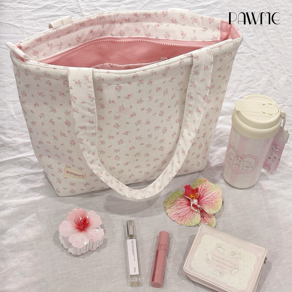 Túi tote chần bông cột nơ PawMe Clothing , vải họa tiết xinh xắn - tote bag