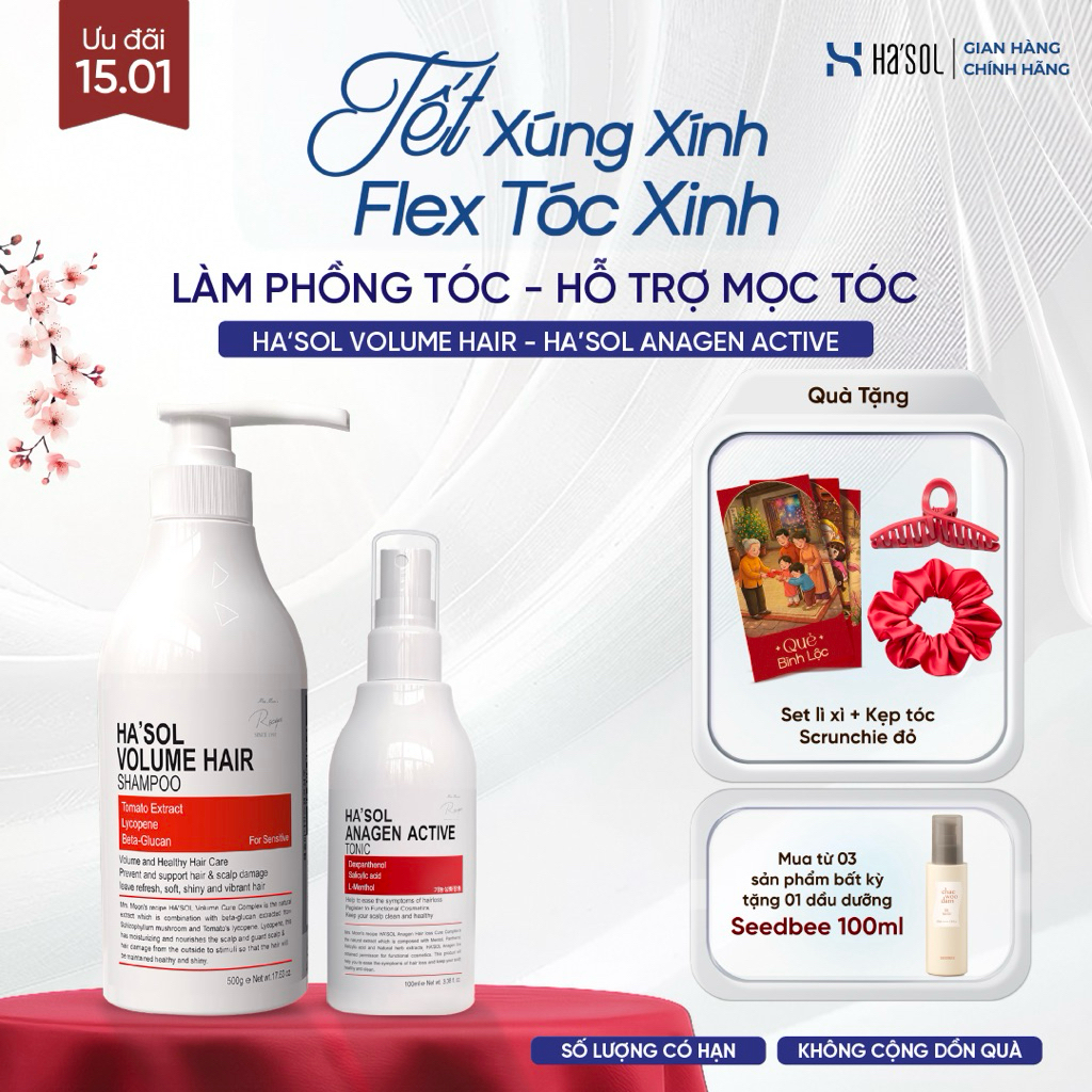 Combo Dầu Gội Phục Hồi Tóc Hư Tổn Ha'sol Volume Hair Shampoo 500g + Xịt Dưỡng Tóc Ha'sol Anagen Acti