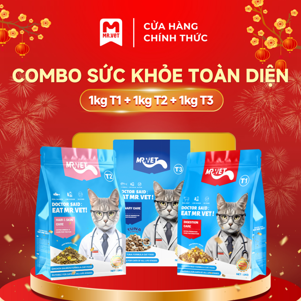 Thức ăn cho mèo Mrvet COMBO SỨC KHỎE TOÀN DIỆN hỗ trợ giảm rụng lông, tiêu búi lông hiệu quả