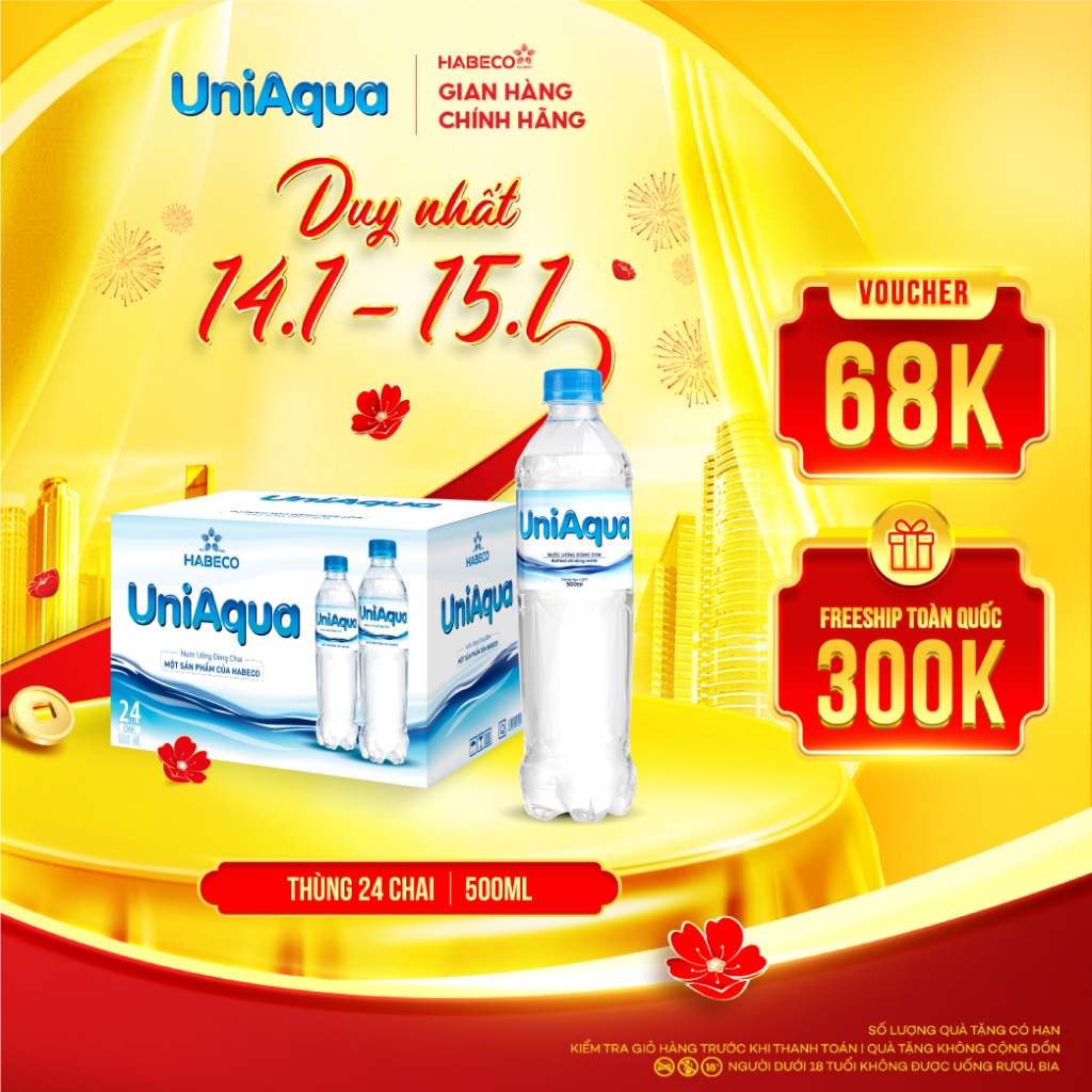 Thùng 24 chai nước uống đóng chai UniAqua - HABECO (500ml/chai)