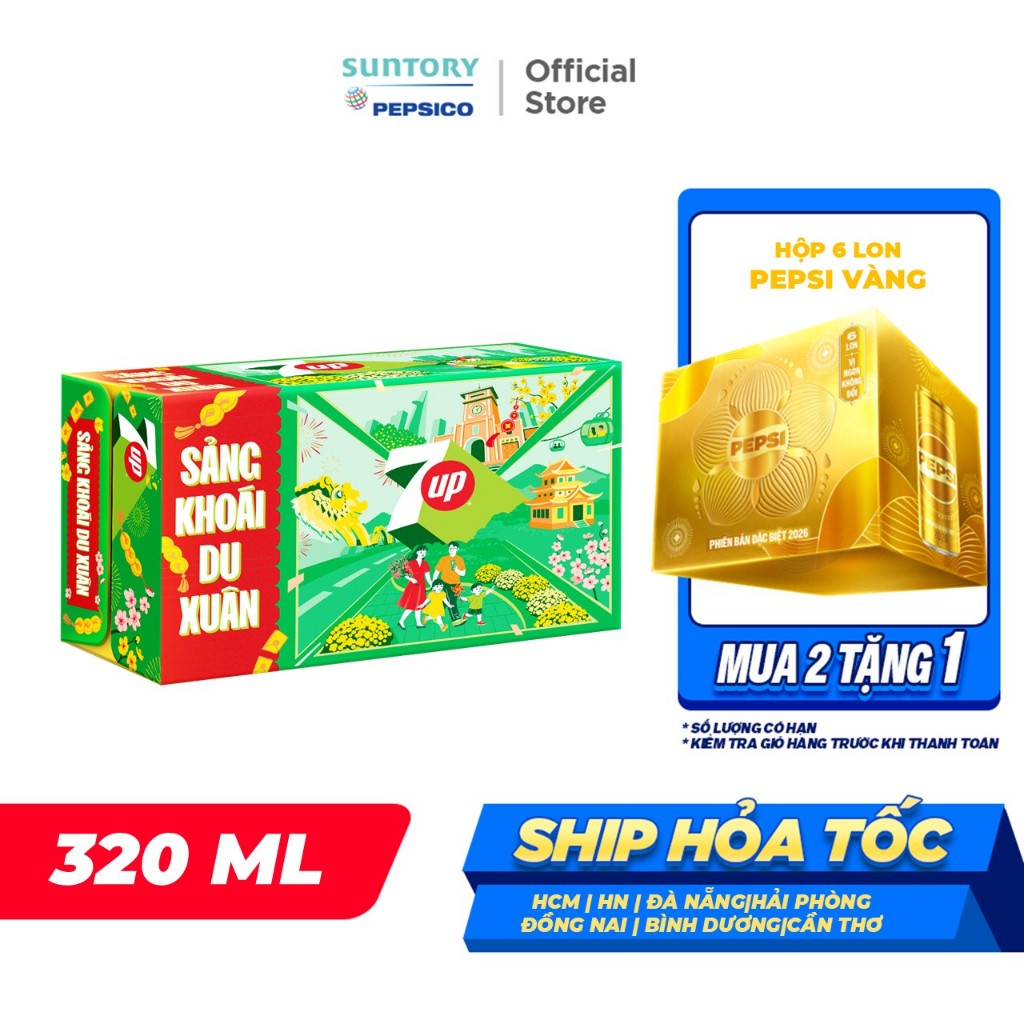 Thùng 24 Lon Nước Ngọt Có Gaz 7Up (320ml/lon)