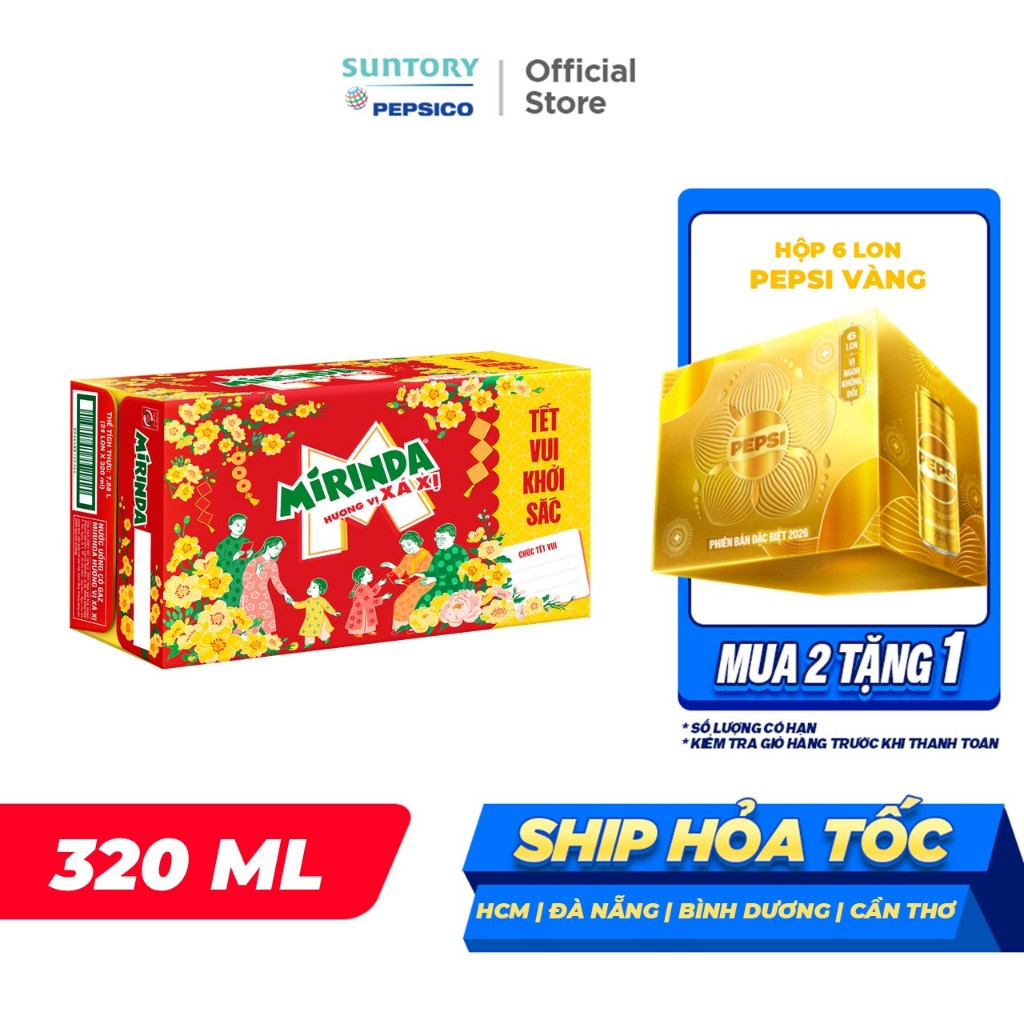 Thùng 24 Lon Nước Ngọt Có Gaz Mirinda Xá Xị (320ml/lon)