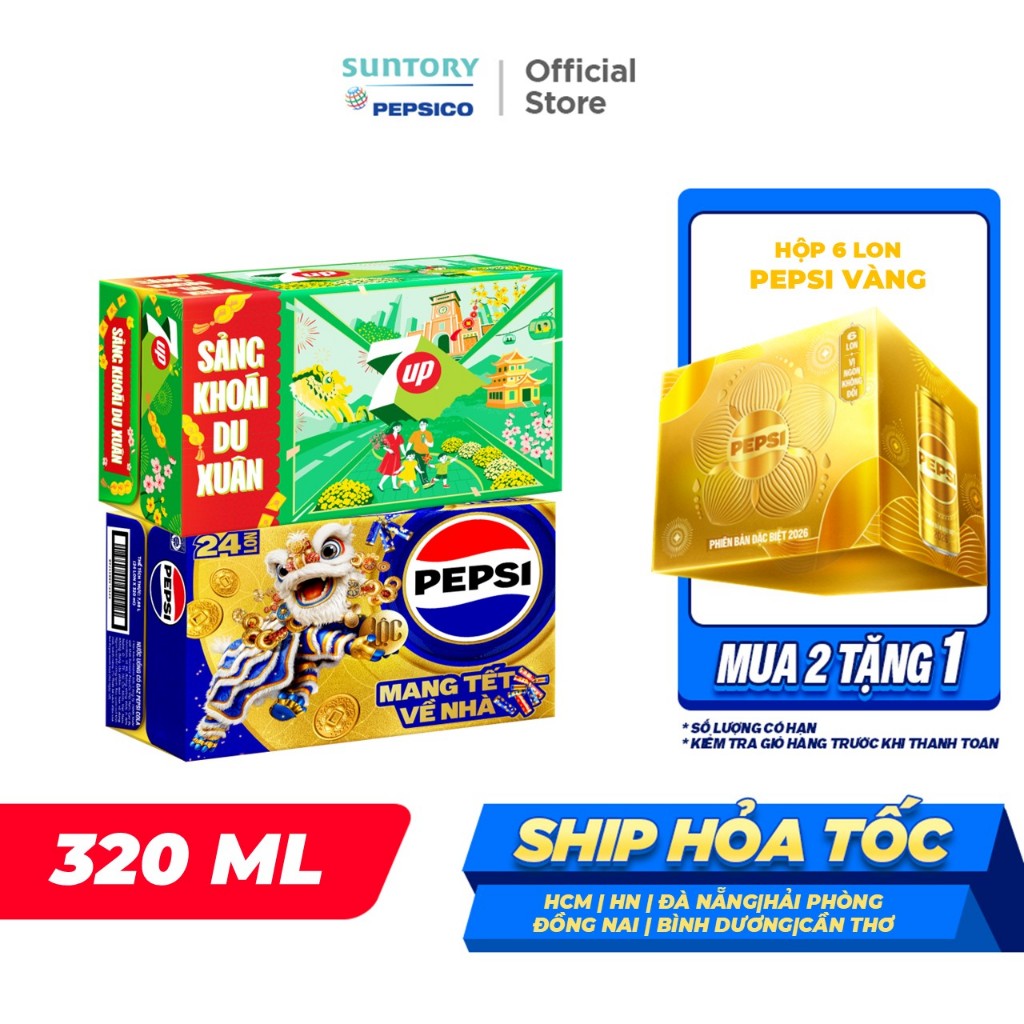 Combo 1 Thùng 24 Lon Pepsi và 1 Thùng 24 Lon 7Up (320ml/lon hoặc 350ml/lon)