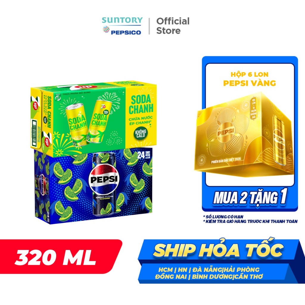Combo 2 Thùng 24 Lon Pepsi Vị Chanh Không Calo và 7UP Soda Chanh Không Calo (320ml/lon)
