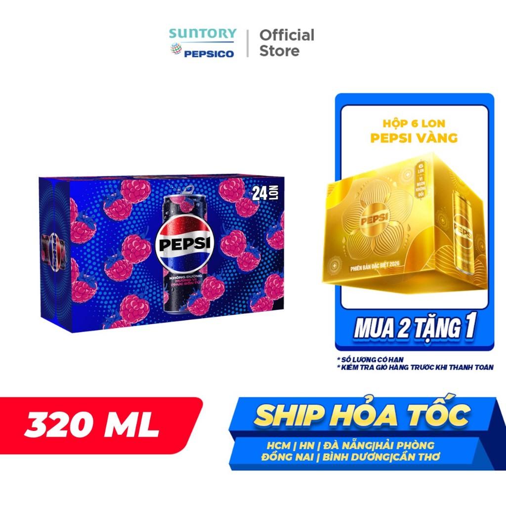 Thùng 24 Lon Nước Ngọt Có Gaz Pepsi Phúc Bồn Tử Không Calo (320ml/lon)