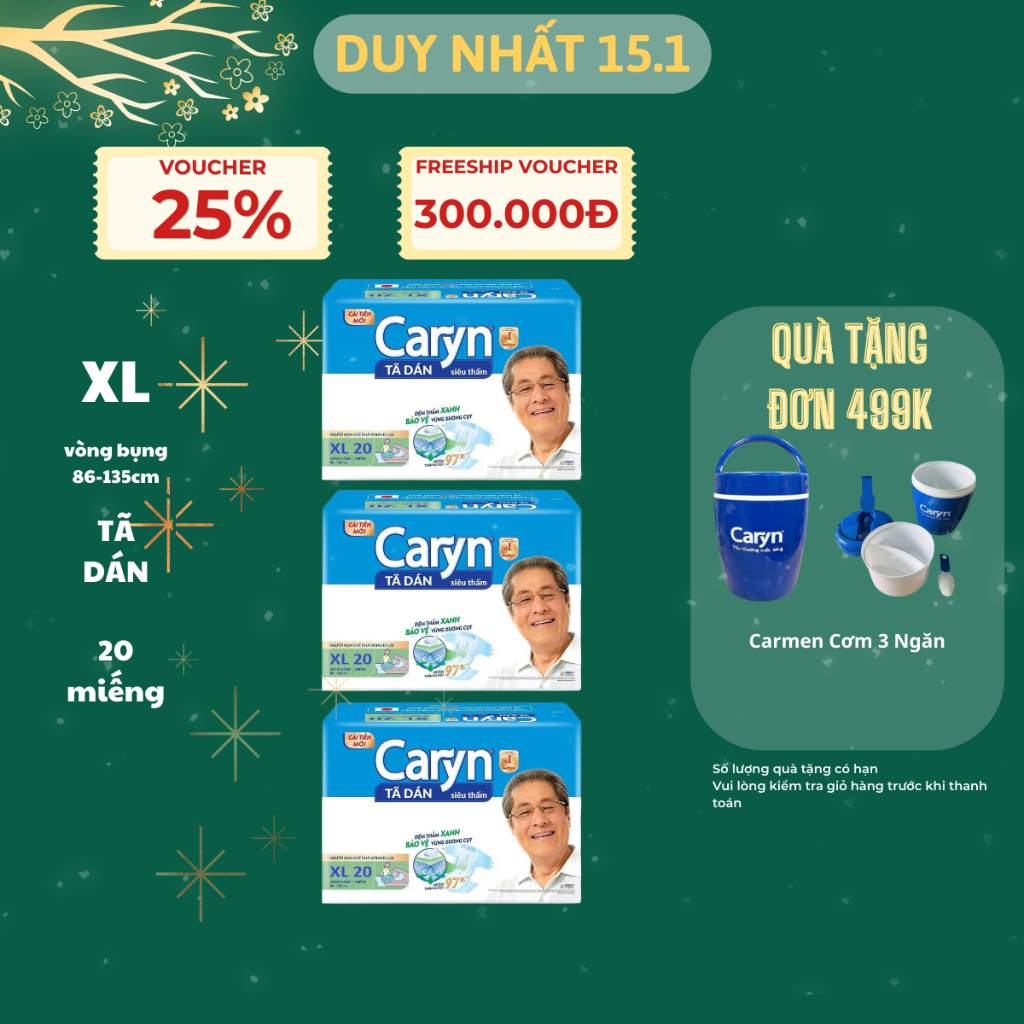 Combo 3 gói - Tã/Bỉm dán người lớn siêu thấm Caryn size M/L/XL - 20 miếng