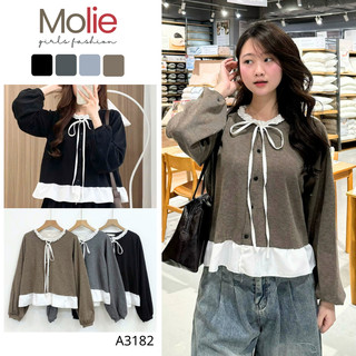 Áo Nỉ Tăm A3182 Phối Cổ Bèo Nơ Buộc Vintage Nữ Tính MoLie