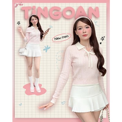 TINGOAN®  - Áo dệt kim len xù dáng lửng hồng cổ bẻ dây nơ trắng HELLEN TOP/PK