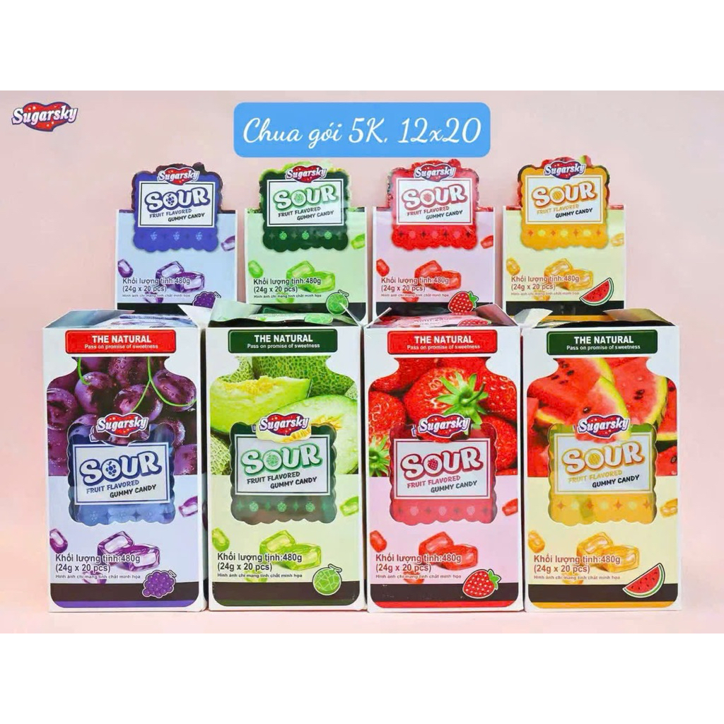Hộp 20 gói kẹo dẻo chua Sour Fruit Gummy Candy vị hoa quả hàng 5k
